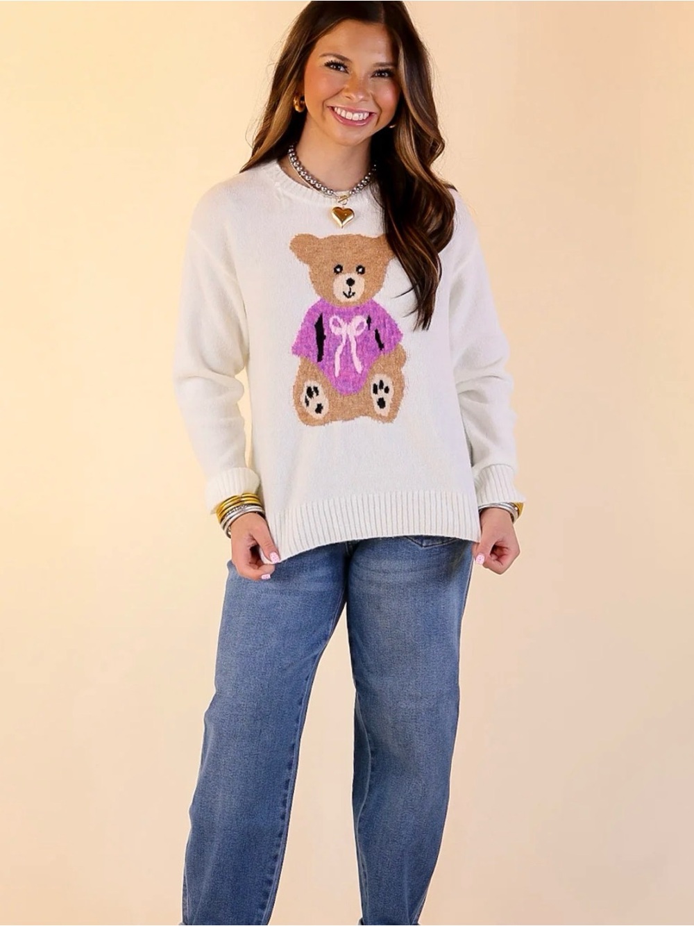 Simply Southern crew Cream Teddy Sweater with Purple Accent